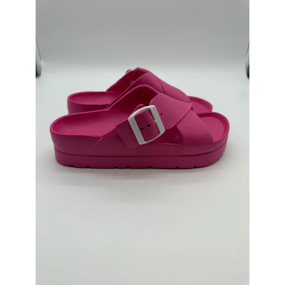 Hot Pink Platform Slide Sandals Buckle EVA Molded Shoes Womens Size 6